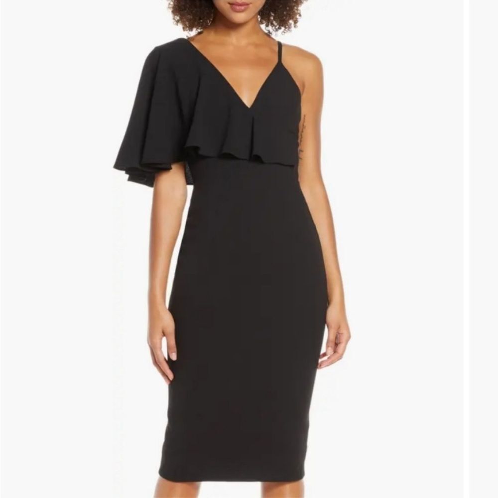 Dress the Population Beth One Shoulder Ruffle Midi Dress